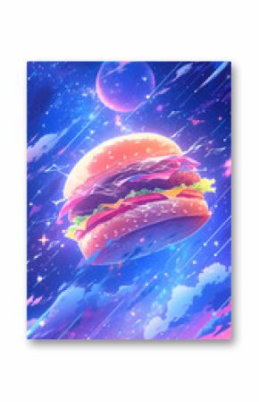 Hand drawn cartoon anime delicious burger illustration on colorful background 