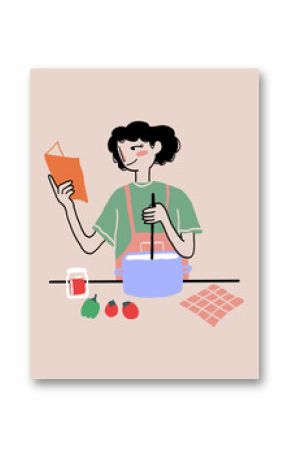 Cartoon woman reading recipe while cooking