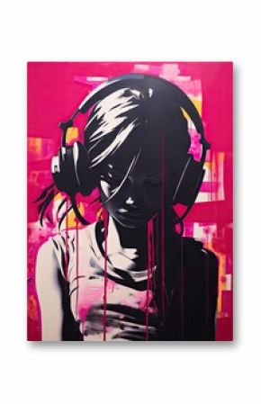 girl in headphones listening music. fantasy graffiti illustration. watercolor painting, in the style of stencil and spray paint,