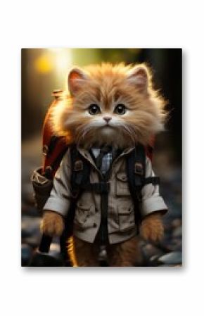 cute kitty in shirt and tie walking with backpack.