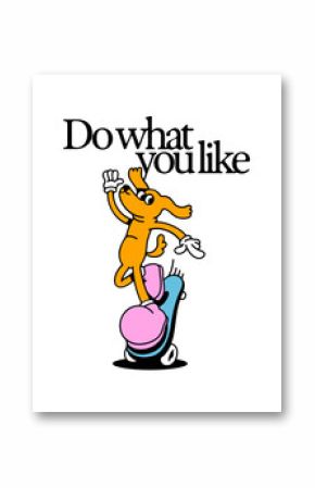 Vintage skater dog cartoon character illustration. Trendy retro skate board animal mascot typography poster. Street sport motivation quote print drawing in 90s comic art style. 