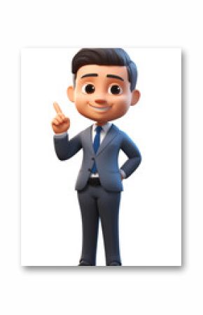 Happy smile cartoon character office businessman person in 3d style design pointing finger attention idea in blue suit on light background. Human people feelings expression concept