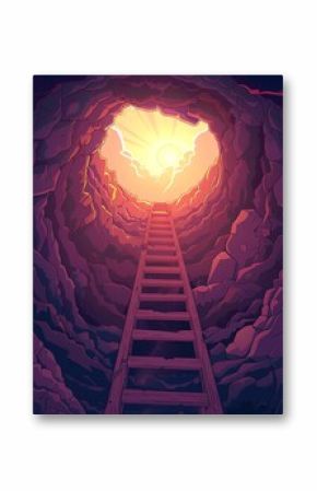 cartoon illustration of a long wooden ladder leading up from the depths to the light