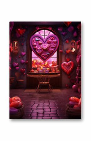 Pink and purple cartoon candy land room with heart shaped objects and furniture.