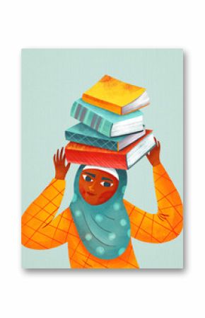 Muslim girl with books on her head