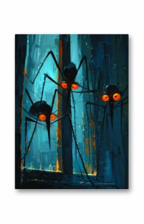 Giant mosquitoes flying in the city at night. The cartoon illustration black mosquito-like creatures with red eyes