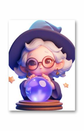 Enchanting elderly female cartoon character consulting a mystic crystal ball.