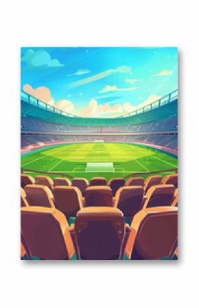 Vibrant and colorful cartoon drawing of vacant front row seats in a stadium beside a sprawling emeraldgreen soccer field under a cloudless sky