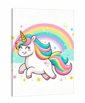 Cute cartoon happy magic unicorn with rainbow on a white background.