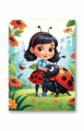 Smiling ladybug among green leaves, red flowers, and green grass. Perfect for naturethemed designs, garden illustrations, and spring concepts.