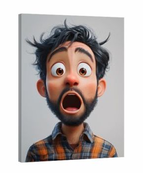 A 3d cartoon style man with a shocked expression. 