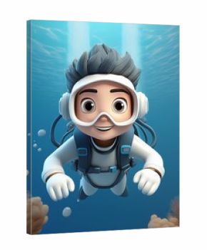 A cartoon scuba diver smiling as he swims through the ocean