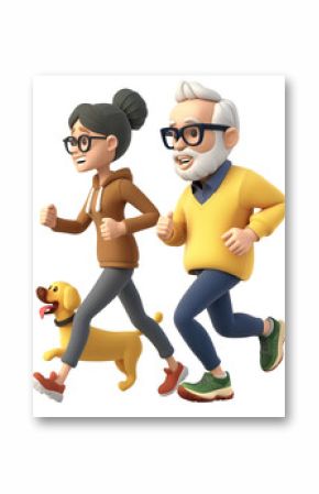 Daughter and grandfather jogging with dog, cartoon 3D