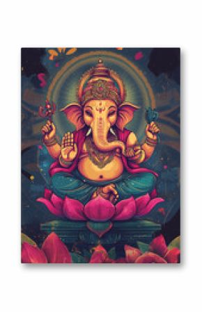 Lord Ganesha poster, fine art print, religious poster india, vibrant colors, handdrawn cartoon style, indian cartoon stylePatron of intellectuals, bankers, scribers, authors, sciences, wisdom.Also kno