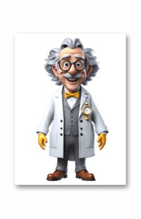 Cheerful cartoon scientist with gray hair in white lab coat on transparent background, educational posters