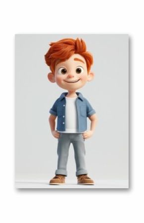 Cute red-haired cartoon boy with freckles standing in casual outfit Generative AI