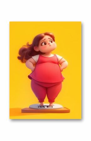 Animated girl in pink outfit looking unhappy while standing on a scale, with a yellow background. Concepts of weight management, emotions, and body image awareness.