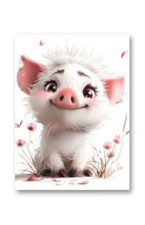 Pig with a pink snout and a cheerful smile in cartoon style on a white background.