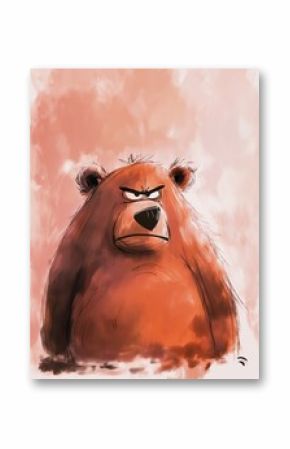 A cartoon depiction of a grumpy bear with reddish fur, showcasing an angry expression set against a warm background.