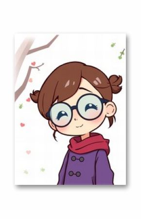 cartoon girl with glasses and a scarf standing in front of a tree.