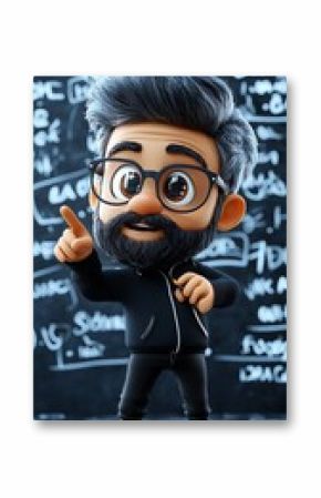 A cartoon character with gray hair and glasses, enthusiastically gesturing in front of a blackboard covered in equations.