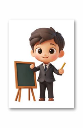 3D cartoon teacher character holding a pointer, smiling confidently next to a chalkboard, ready to teach a lesson in class.