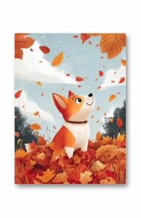 A cheerful corgi surrounded by vibrant autumn leaves, capturing the essence of fall in a whimsical and colorful illustration.