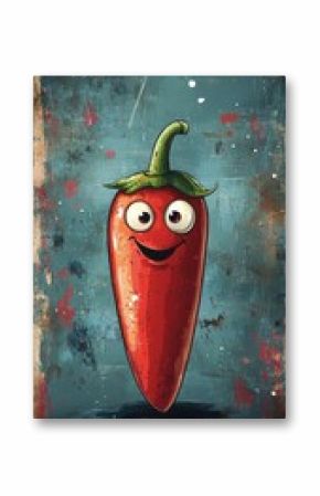 Whimsical chili pepper character in cartoon style with playful features.