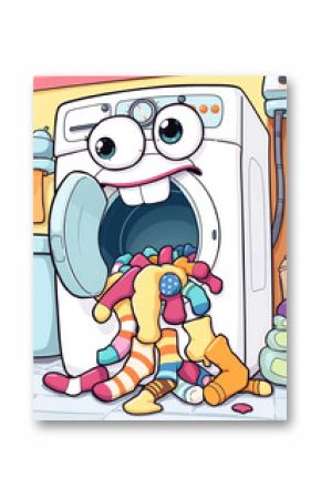 A cartoon washing machine happily eats a pile of colorful socks, perfect for laundry or housework designs