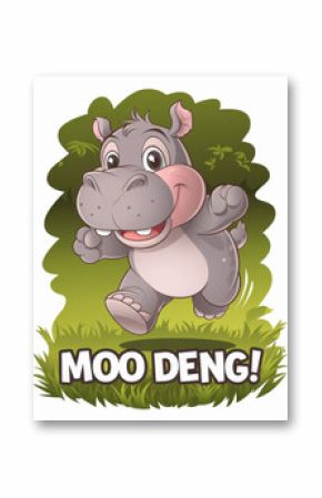 Happy cartoon hippo running on a green grass background.