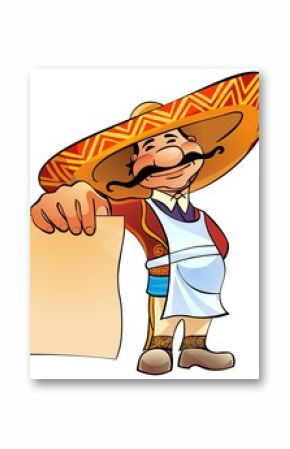 happy Mexican chief holds in hand a blank sheet of paper