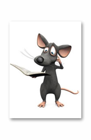 Cartoon mouse reading book and looking confused.