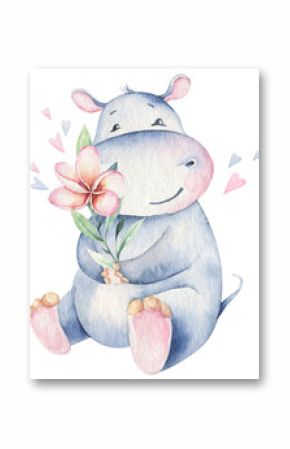 Hand drawn cute isolated tropical summer watercolor hippo animals. hippopotamus baby and mother cartoon animal illustrations, jungle tree, brazil trendy design. Aloha collection.