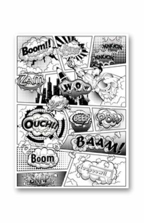 Black and white comic book page divided by lines with speech bubbles, rocket, superhero and sounds effect. Illustration