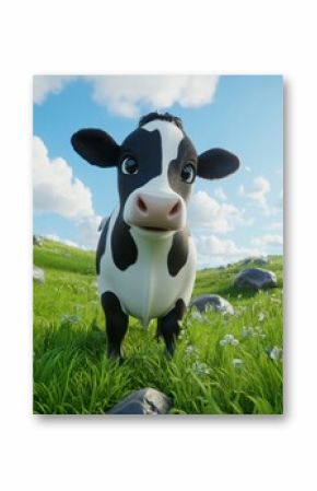 Cartoon Cow Standing in Green Meadow Under Blue Sky with Clouds
