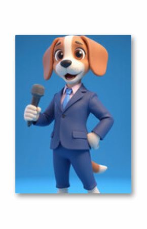 cheerful cartoon dog character in suit holding microphone, ready to entertain. This animated figure exudes confidence and charm