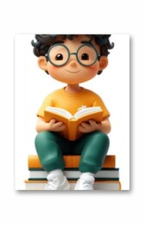 A cartoon boy with curly hair and glasses sitting on a stack of books while reading