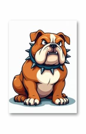 Illustration of bulldog dog with angry look wearing spiked collar. Cute cartoon character, pet. Bulldog illustration for various design projects and marketing materials. Funny animal drawing.