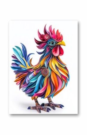 A multicolored paper art design featuring a chicken, isolate on white background, with intricate layers and textures.