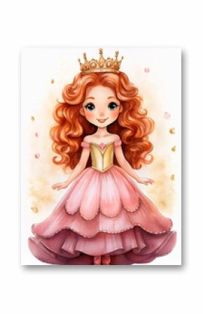 Cute cartoon princess with red hair, wearing a crown and a pink layered dress.