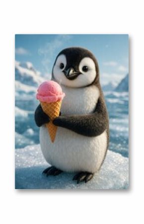A cute cartoon penguin happily holding a pink ice cream cone, set against a serene icy landscape, creating a whimsical and joyful atmosphere.
