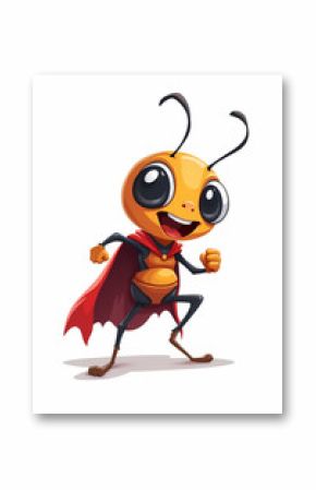 Dynamic Cartoon Ant Superhero Running, Red Cape, Yellow Head, Ready for Action