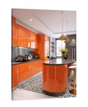 bright orange 3d kitchen front view, glossy island, backsplash with comic style WOW! tile, curved cabinets, glam cartoon vibe