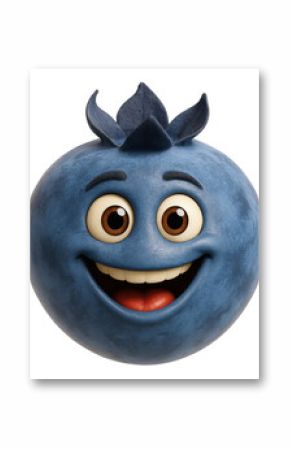 Cute cartoon blueberry character with large eyes, smiling mouth, and leaf-like crown.