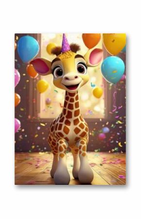 Giraffe birthday party with balloons and cake cartoon 