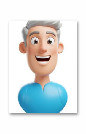 Smiling cartoon man with gray hair and a blue shirt. Portrait of a happy person. 3D render.