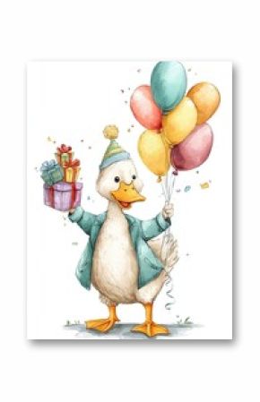 Cute cartoon duck in party hat holding balloons and gifts celebrating birthday on white background