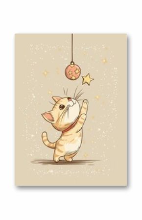 A playful cartoon cat reaches for a star hanging from a string.