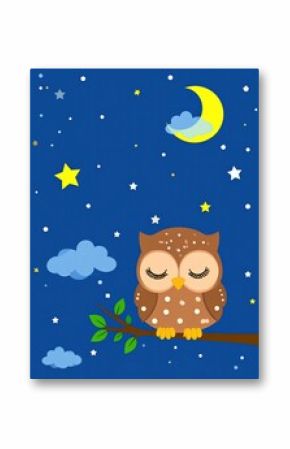 A cute cartoon owl with closed eyes sits peacefully on a branch under a starry night sky with clouds and a crescent moon.