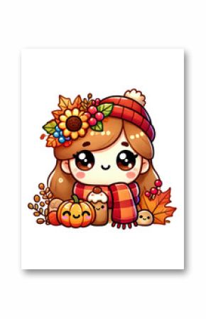 Happy cartoon child with a pumpkin and flowers illustration